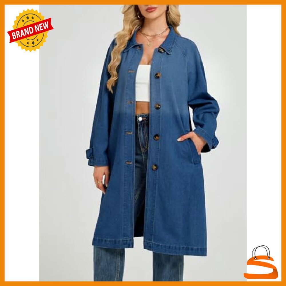 Oversized Denim Trench Coat Midi Length Casual Jacket Women's - Picture 4 of 8